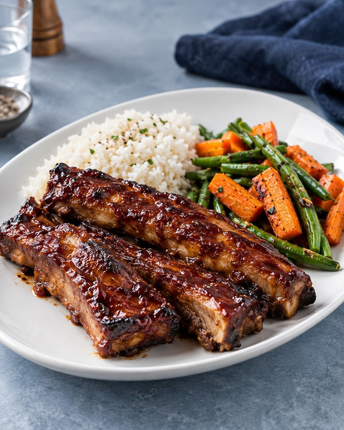 Sugerencia de presentación de costillas a la barbacoa con arroz y verduras