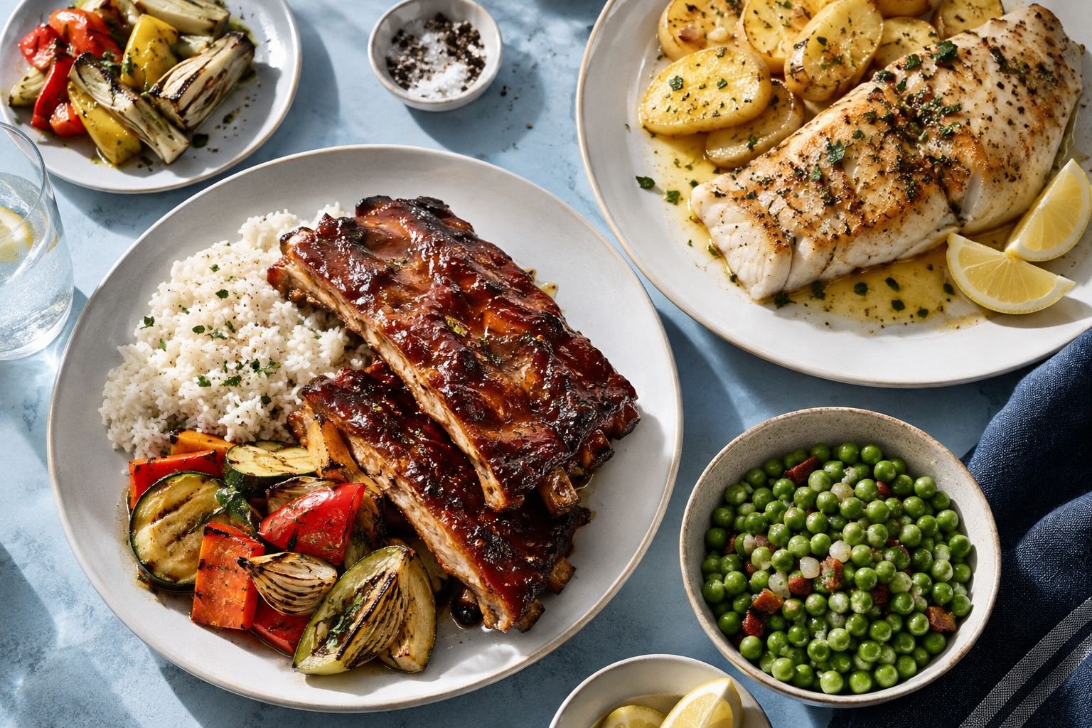 Sugerencia de presentación: costillas, pescado y guarniciones para un menú